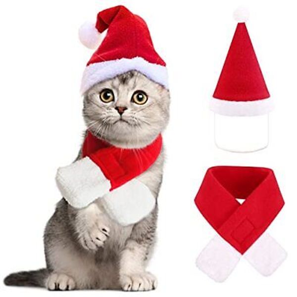 YUJUN 2PCS Cat Costume Pet Santa Hat with Scarf Outfit for Puppy Christmas