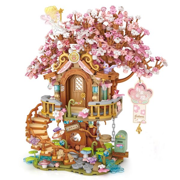 MEIEST Cherry Blossom Tree House Building Blocks Set with Fairy,Sakura Particle Construction Building Bricks Toy,Flowers Bonsai Home Decoration