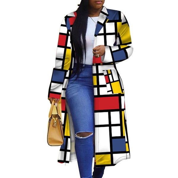 Women's Colored Geo Turn Down Collar Trench Coat Colorful Outerwear Cardigan Long Blazer Jacket(YE-XL)