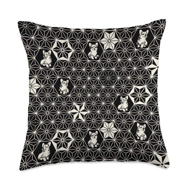 Corgi Cute Traditional Japanese Kimono Wagara Pattern Black Throw Pillow