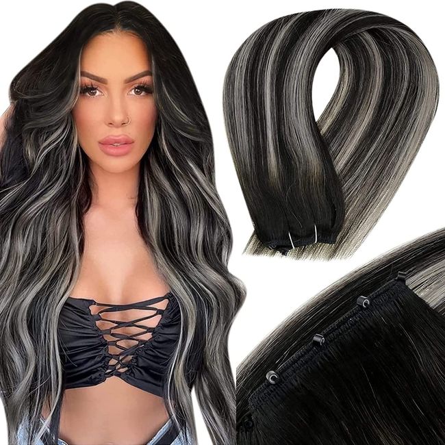 LaaVoo 12" Width Micro Ring Tressen Easy Weft Extensions Echthaar Menschenhaar Balayage Black und Silber Balayage EZE Weft Ein Stuck 50g/Paket #1b/Silver 40cm