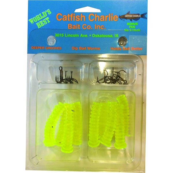 Wildcat Catfish Charlie Dip Bait Worm Kit - 12 Pieces - Chartreuse - DBH-12-07