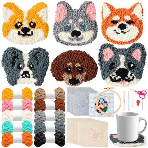 WATINC Puppy Punch Needle Coaster Kit - 6 Patterns Dog Punch Needle Embroidery Craft Kit, DIY Felting Coaster for Adults Beginners with Adhesive Yarns Fabric Felt Hoop Tools Instruction