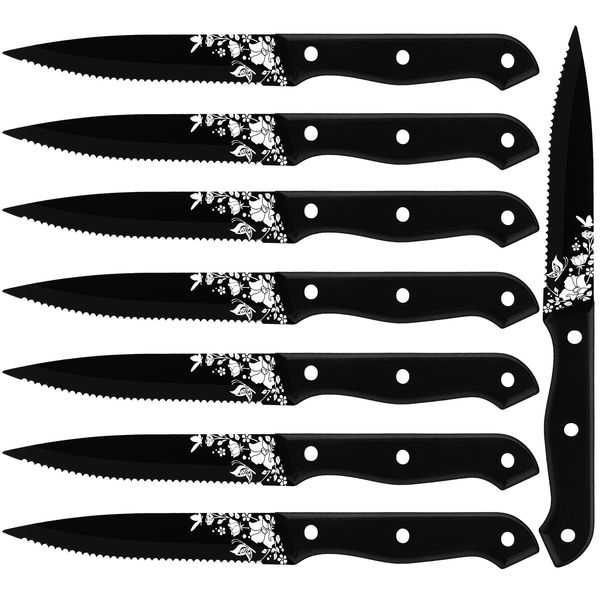 Stapava Steak Knives Set of 8, Stainless Steel Steak Knife Set Black, Sharp Serrated Dinner Knives Matte with Laser Pattern for Kitchen Restaurant Picnic Barbecue, Dishwasher Safe