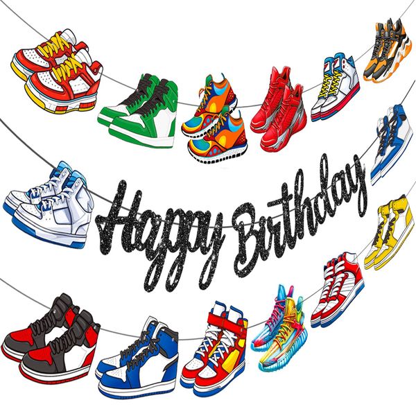 Sneaker Birthday Decorations Glitter Black Sneaker Happy Birthday Banners 3Pcs Sports Shoes Theme Party Decorations Basketball Sneaker Party Banners for Sneakerhead Baby Shower Supplies