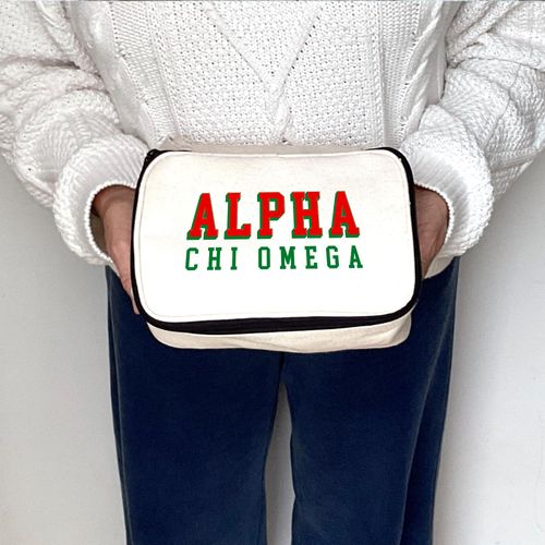 sockprints Alpha Chi Omega Sorority Makeup Bag - Canvas Cosmetic Pouch with Bold 3D Lettering - Travel Organizer or Bid Day Gift