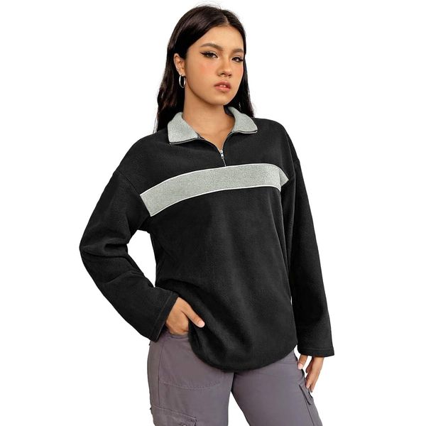 SKAYS Women's Polar Fleece Jacket Quarter Zip Long Sleeve Color Block Fuzzy Pullover Sweatshirt For Women Casual Fall Winter Clothes Black L