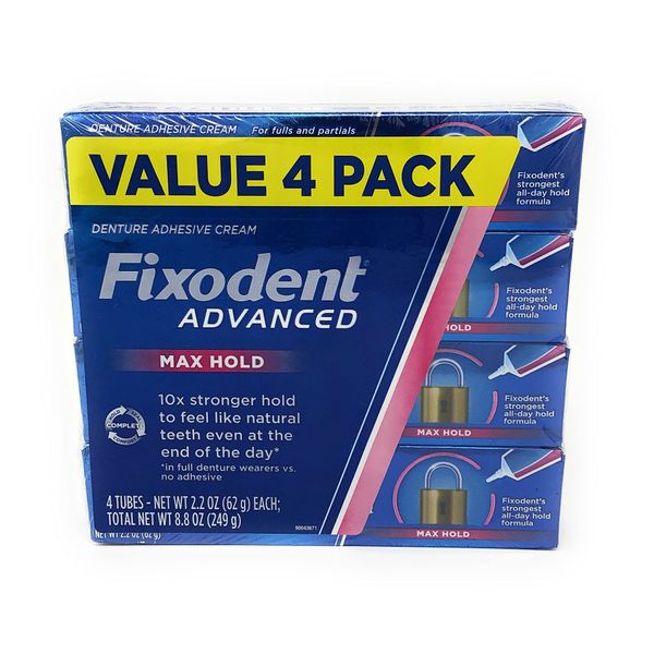 Fixodent Advanced Max Hold Denture Adhesive, 2.2 oz (Pack of 4)