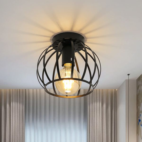 Pheashine Vintage Ceiling Light Black Semi Flush Mount Ceiling Light Fixture Metal Cage Ceiling Lampshade with E27 Holder for Living Room Kitchen Bedroom Hallway Courtyard