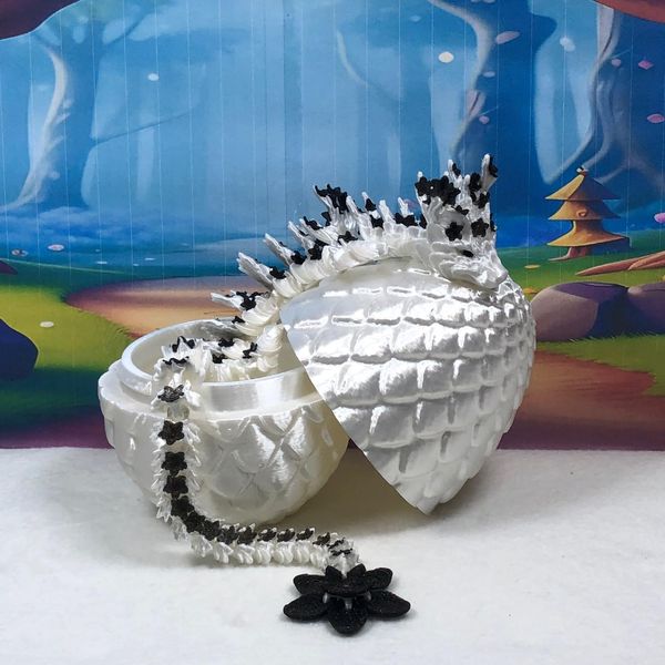 3D Printed Cherry Blossom Dragon with Dragon Egg, 12" Articulated White and Black Cherry Blossom Dragon, Home Decor Executive Desk Toys,Fidget Toys for Autism/ADHD D030-WHT