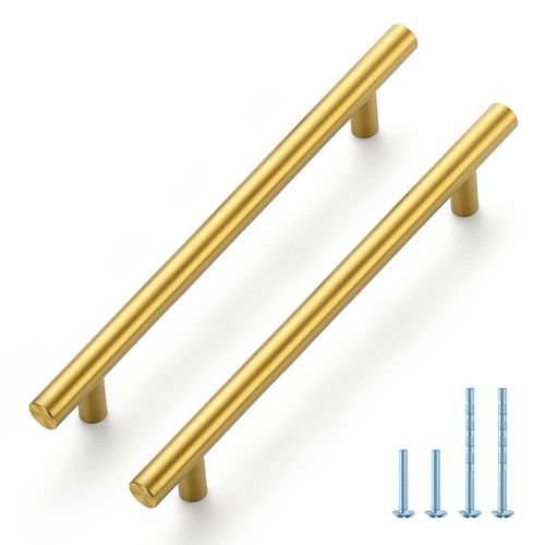 JOY DECOR 5 Pack 8-13/16 Inch Cabinet Pulls Kitchen Cabinet Handles with 6-1/4 Inch Hole Center Brushed Brass Cabinet Hardware Stainless Steel Kitchen Drawer Pulls 160mm Hole Centers