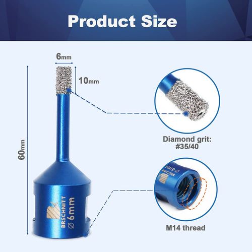 Diamond Drill Bit 6mm,BRSCHNITT 2pcs M14 Vacuum Brazed Diamond Tip Drill Bit for Tile Porcelain Stoneware Ceramic Marble Granite Drilling,Suitable For Angle Grinders