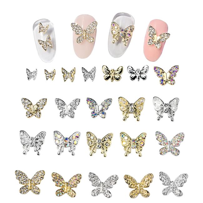 Butterfly Nail Charms,22PCS Mixed 3D Metal Butterfly Nail Rhinestones Charms,Shiny Nail Gems Jewels Studs for Nail Art Design Decorations DIY Crafts Gold Silver