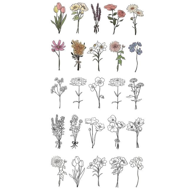 tuzuru Temporary Tattoos, For Smartphone Case, Cute, Flowers, Black and White, Stylish, Eye-catching, Fashionable, Colored, Dandelion, Tulip, Rose, Sunflower, Carnation