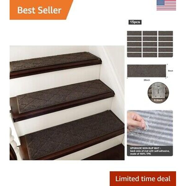 Non-Slip Stair Treads - Indoor Carpet Mat for Wooden Steps - 28inX9in - 15pc