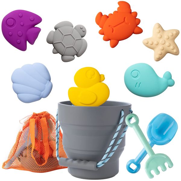 WEYOVGO Silicone Beach Toys Collapsible Beach Buckets Beach Toys for Kids, Sand Bucket and Shovels Set with Mesh Bag Sand Molds, Silicone Beach Sand Pails for Beach Travel (Grey)