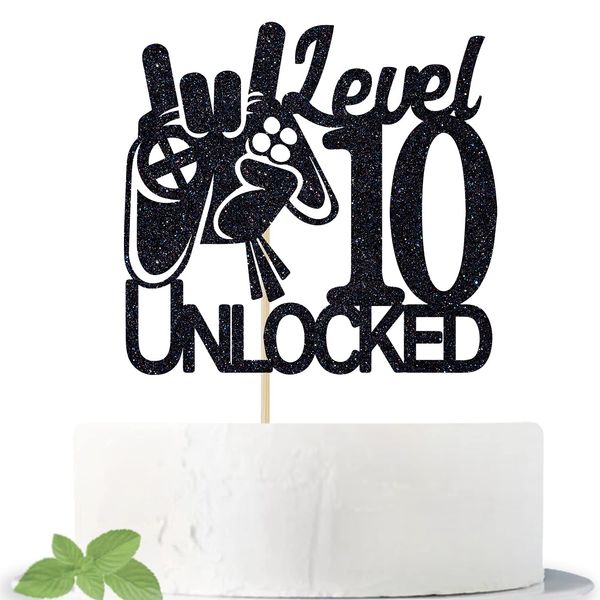 Cos mos Video Game Level 10 Unlocked Birthday Cake Topper Black Glitter Boys 10th Birthday Cake Decorations Level Up Winner Party Decoration Supplies