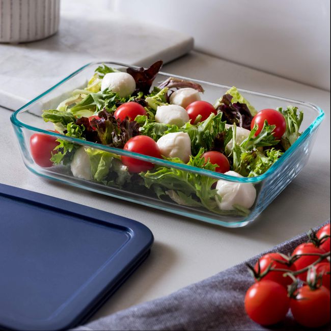 Pyrex Storage 6-Cup Rectangular Dish with Dark Blue Plastic Cover Clear Box of 4 Containers