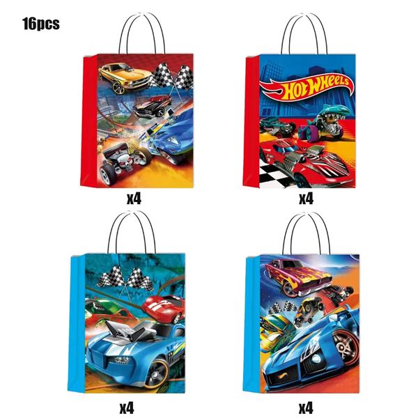 16Pcs Hot Car Happy Birthday Party Decoration Gift Bags Wheels Wild Wheels Race Car Candy Bags for Birthday 4 Styles Party Favors Gift Bags Party Game Party Supplies