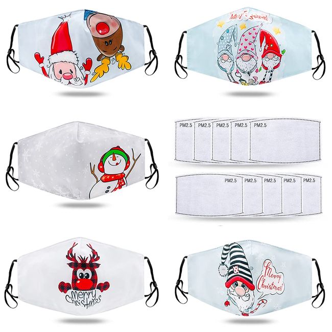 Dienalls 5Pcs Christmas Cloth Face Masks for Adults Reusable, Holiday Masks with 10pcs Filters and Nose Wires