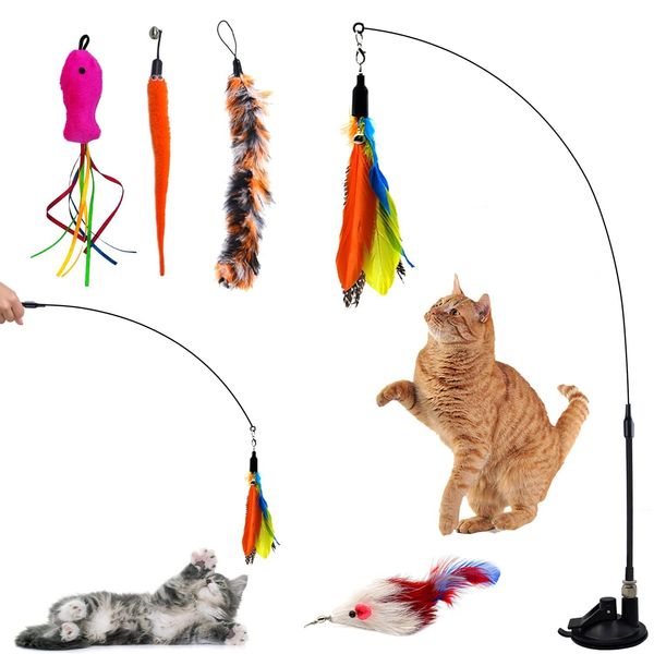 Autoau Cat Toys for Indoor Cats Adult Kitten Interactive Cat Toy Training with 5 Feather Accessories, Cat Feather Toy Suction Cup Pet Teaser Wand Toy for Boredom and Exercise