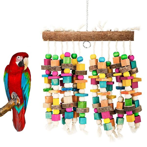 Parrot Chewing Toy Bird Bite Toy with Colorful Wood Beads, Multicolored Natural Wooden Block Cage Toys for Macaw Cockatoo Parakeets