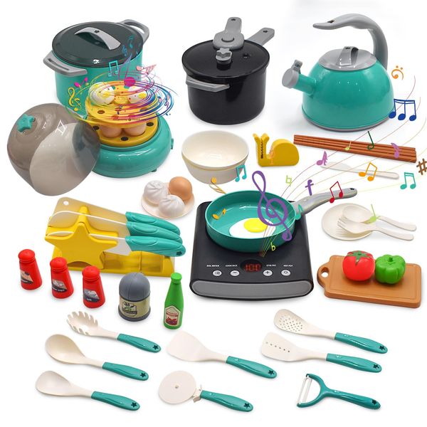 Cyiecw 54Pcs Kids Play Kitchen Toys Set, Toddler Kitchen Playset with Play Pots and Pans, Cooking Toys Electronic Induction Cooktop with Sound & Light, Pretend Food Set, Learning Gift for Girls Boys