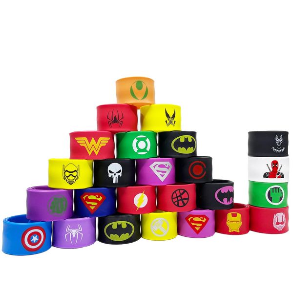 WAIZHIUA 24Pcs Superheroes Slap Bands for Kids, Silicone Wristbands Slap Bracelet Bands Set Party Bag Fillers for Birthday Party Easter Halloween Christmas Favors