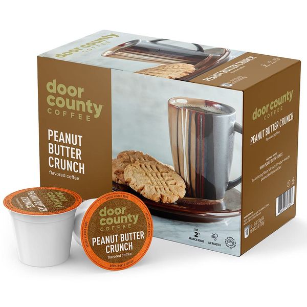 Door County Coffee - Peanut Butter Crunch, Peanut Butter Flavored Ground Coffee - Medium Roast, Single Serve Cups – 10 Count