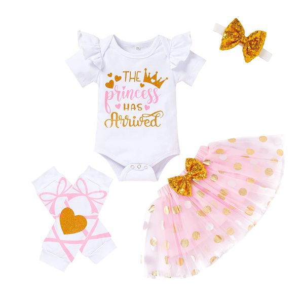 Newborn Baby Girl Skirt Set Infant Letter Print Romper+Tutu Skirt+Headband+Legging Warmer Clothes Outfit (Dot Pink, Newborn)