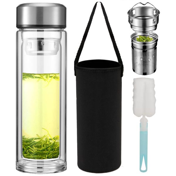 Pauzema Double-Walled Glass Tea Bottle 1 Litre with 2-in-1 Stainless Steel Strainer to Go, 1000 ml Large Volume, Tea Bottle 100% Leak-Proof 1 Litre