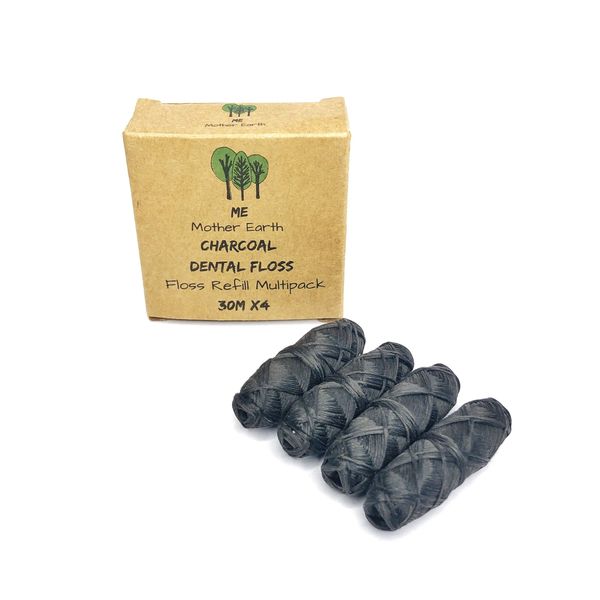 Vegan Biodegradable Bamboo Charcoal Dental Floss Refill Refill | Natural Candelilla Wax | 33yds x4 | Peppermint Essential Oil | Eco Friendly Zero Waste Oral Care | 4 Pack