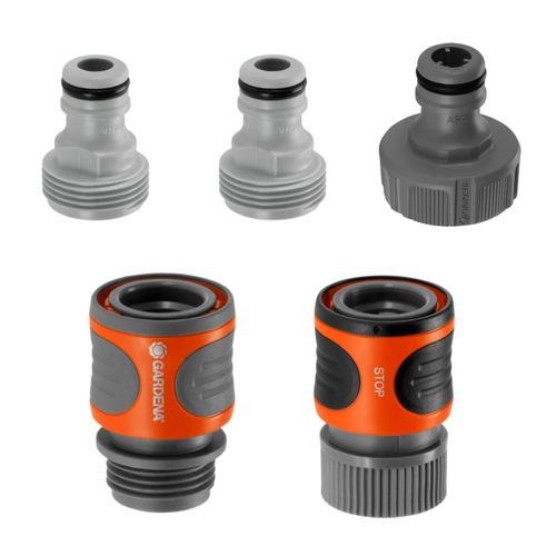 GARDENA (18270-81) 5 Piece Quick Connect Starter Set Fittings and Connectors, For any 5/8 Inch or 1/2 Inch Garden Hose, Sprinkler or Water Spray Nozzle, Made In Germany