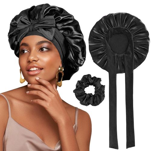 FOLAI Satin Bonnet,1PC Silk Sleep Bonnets for Women, Adjustable Satin Night Sleeping Cap Soft Elastic Band Silk Bonnets for Sleeping, Hair Bonnet with Tie Band for Curly Hair Braid Women Black