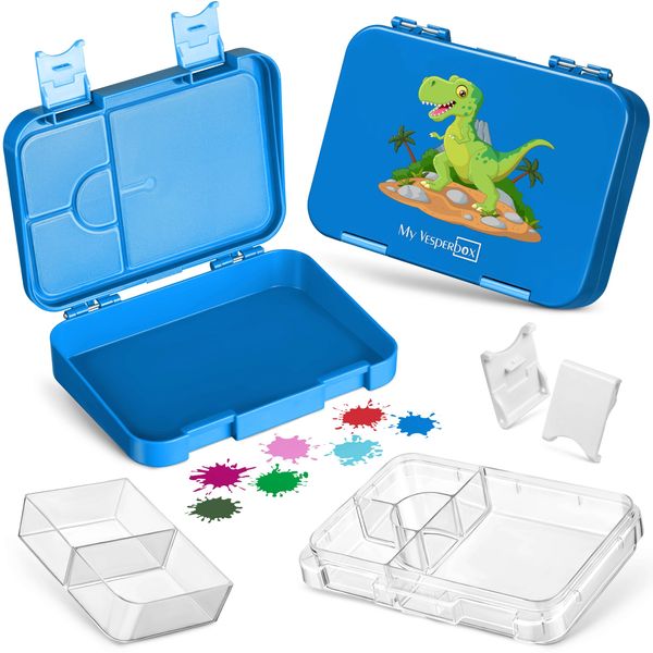 My Vesperbox – Len - Bento Box Kinder - Lunchbox mit 4+2 Fächern - extrem robust – Brotdose – Brotbox ideal für Kindergarten und Schule… (Blau - T-Rex)