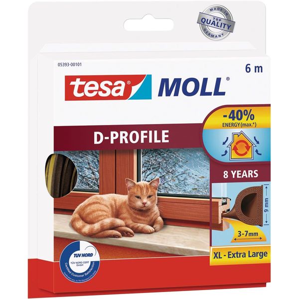 tesamoll D-Profile Draught Excluder Rubber Sealing Tape - Window Sealer Strip - 6 m x 9 mm x 7 mm - Brown