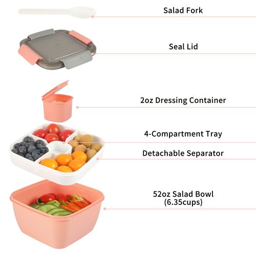 Greentainer 52 OZ to Go Salad Container Lunch Container, BPA-Free, 3-Compartment for Salad Toppings and Snacks, Salad Bowl with Dressing Container, Built-in Reusable Spoon, Microwave Safe-Pink