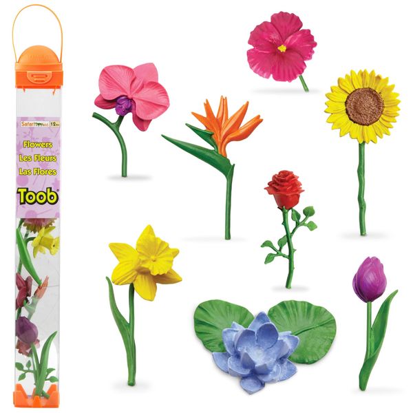 Safari Ltd. Flowers TOOB - Mini Figurines of Rose, Tulip, Hibiscus, Bird of Paradise, Daffodil, Sunflower, Lotus, Orchid - Educational Toy Figures For Boys, Girls & Kids Ages 3+