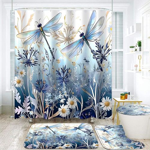 DDQQ Flower Dragonfly Pattern Shower Curtain Set with Rugs, Floral Plant Neutral Bathroom Decor Set Waterproof Bathtub with Carpet Bath Mat Toilet