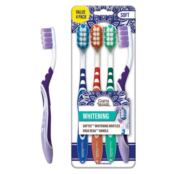 GuruNanda Whitening Toothbrush – with Softex Bristles & Non-Slip ErgoDexa Handle, Gentle for Sensitive Teeth & Gums, Promotes Optimal Oral Well-Being in Adults & Kids (Pack of 4)