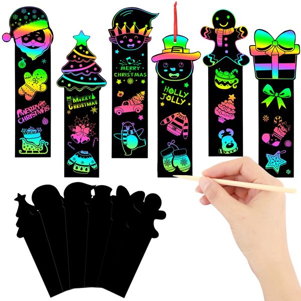 AUGSUN 96Pcs Christmas Scratch Bookmarks, Cute Christmas Tree Santa Snowman DIY Crafts Kit Rainbow Magic Scratch Paper Art for Xmas Hanging Ornaments Christmas Party Favors