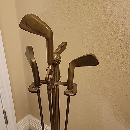 Vintage MCM 5 Piece Brass GOLF CLUBS Fireplace Tool Set 4 IRONS Tools and Stand