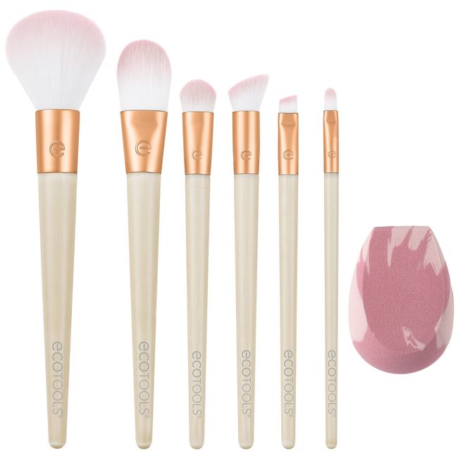 EcoTools Limited Edition Wrapped In Glow Makeup Brush & Sponge Kit, Blender Face Brushes, Seamless Application and Buildable Coverage, 7 Piece Gift Set, Cream