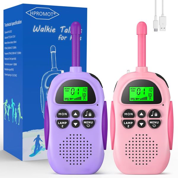 HPROMOT Rechargeable Walkie Talkies for Kids: 2 Pack Kids Walkie Talkies, Long Range 22 Channels 2 Way Radio Kids Birthday Toy Gift for 3-12 Year Old Boys Girls Outdoor Adventures Camping Hiking