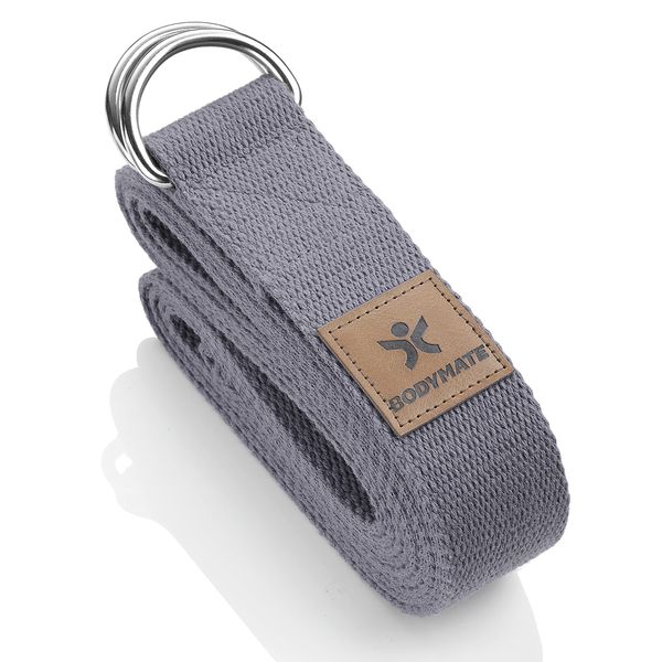 BODYMATE Yogagurt mit Verschluss aus Metall, Yoga-Band für Anfänger und Fortgeschrittene, Yoga-Schlaufe aus 100% Baumwolle, Yoga-Strap 250cm lang und 3,8 cm breit, Cool Grey