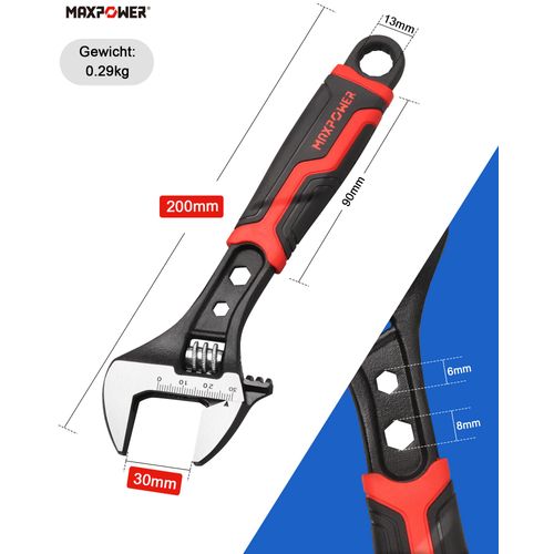 MAXPOWER Adjustable Wrench Adjustable Wrench Adjustable Wrench Adjustable Spanner Made of Alloy Steel with Rubber Handle, Length: 205 mm (Max. 30 mm Jaw Width)