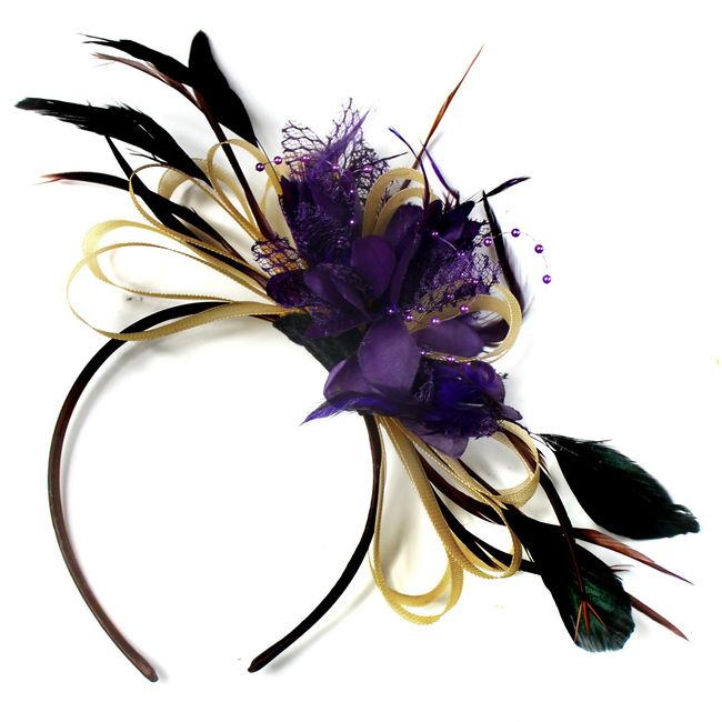 Caprilite Fashion Gold and Dark Purple Net Hoop Feather Hair Fascinator Headband Wedding Royal Ascot Races