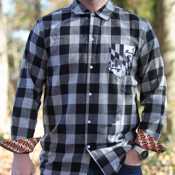 Grey & Black Flannel w/ Greyscale Maryland Flag Pocket / Flannel Long Sleeve Shirt - X-Large / Grey