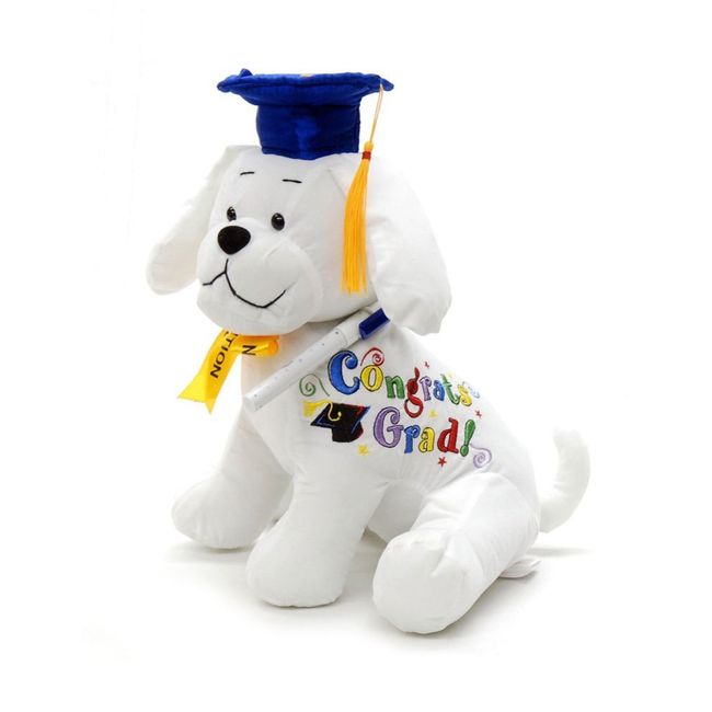 PaPiJoJo Graduation Autograph Stuffed Dog with Pen, Blue Hat - Congrats Grad! 10.5"