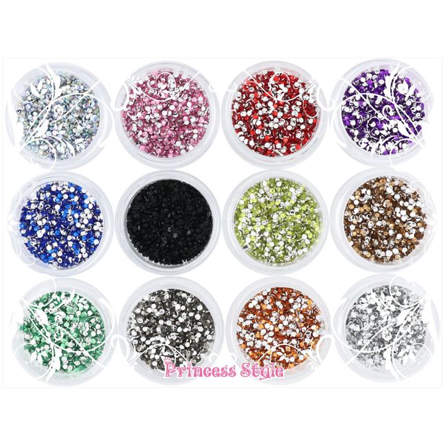 Princess-style 12 Color Rhinestones in Case for Nail Decor, Large Capacity Set, 0.06 inch (1.5 mm) (Approx. 12,000 Tablets)